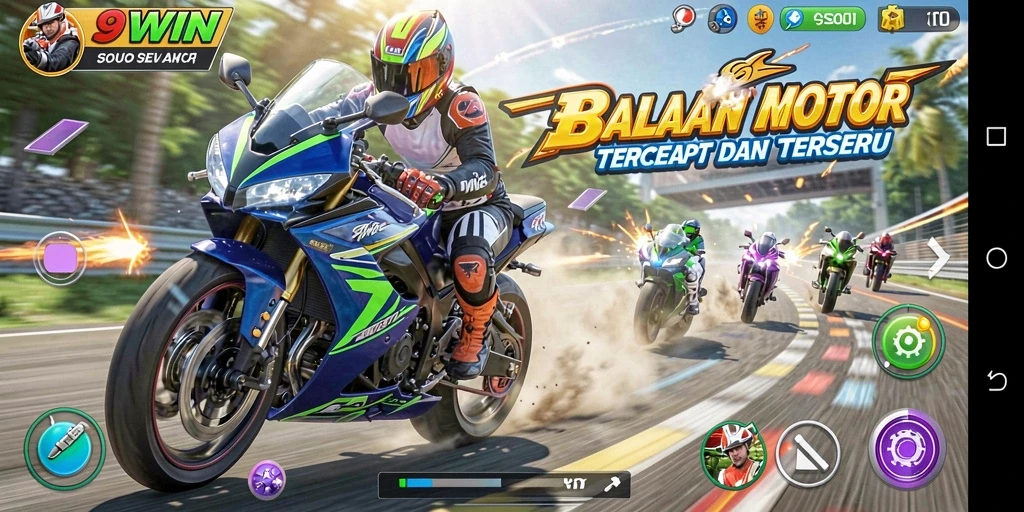 Tampilan gameplay balapan motor yang mendebarkan dalam 9WIN.