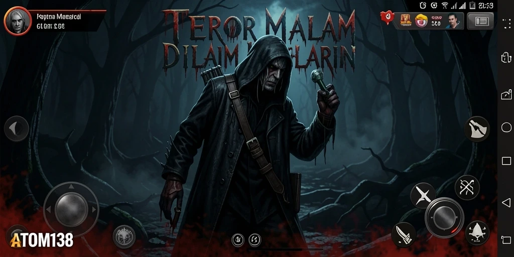Screenshot gameplay ATOM138 dengan suasana menakutkan dan monster menyeramkan.