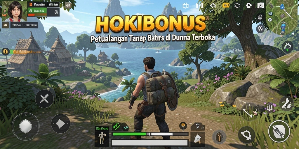Tangkapan layar gameplay HOKIBONUS yang menampilkan eksplorasi dunia terbuka.
