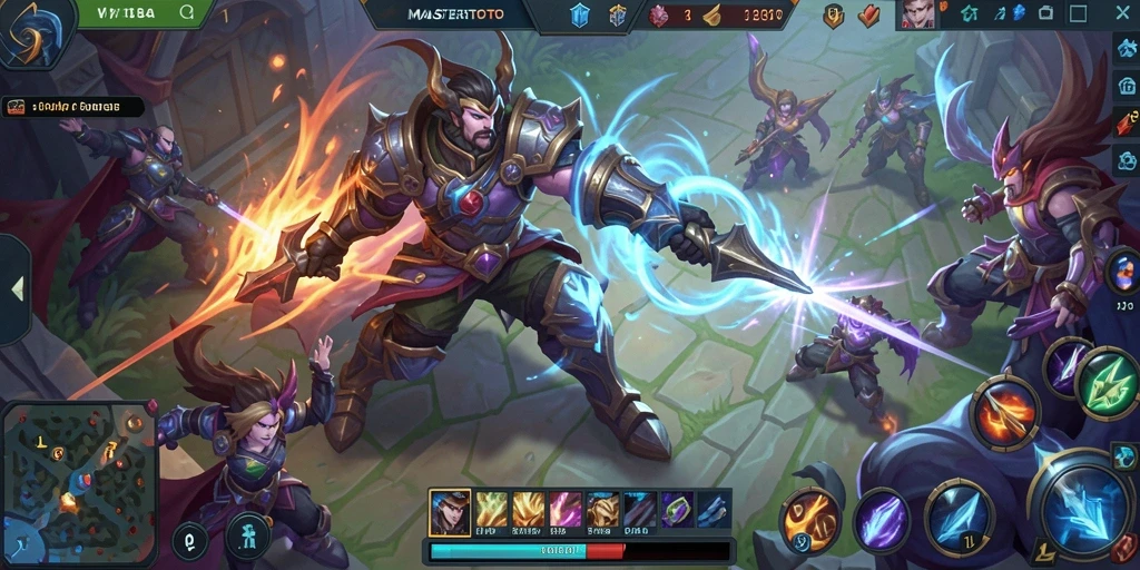 Screenshot gameplay MASTERTOTO menampilkan pertarungan tim yang intens.