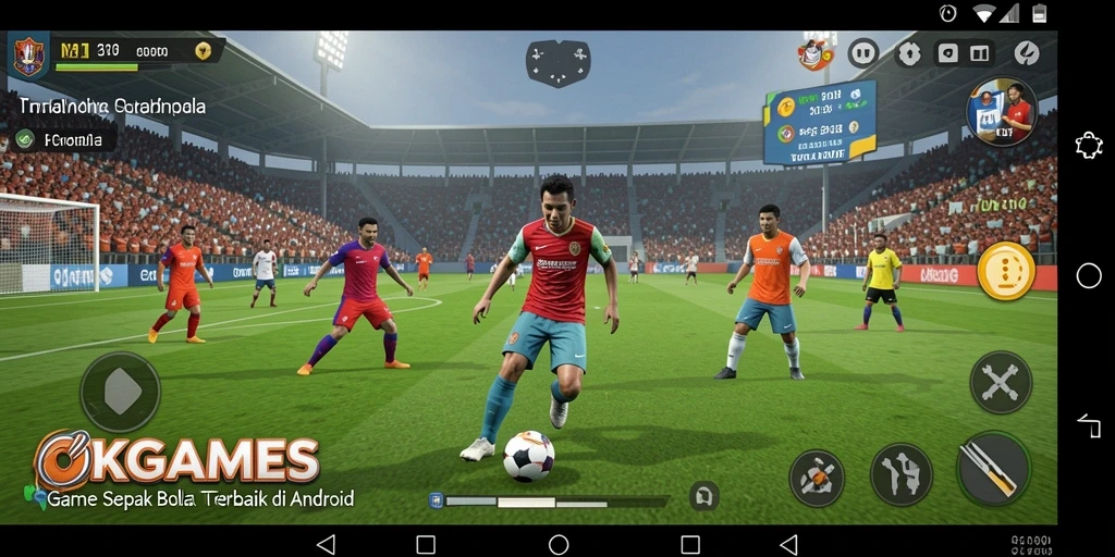 Screenshot permainan OKGAMES menampilkan aksi seru di lapangan sepak bola.