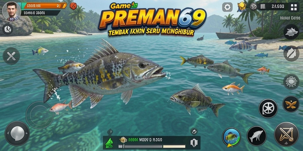 Tampilan gameplay seru dari PREMAN69 yang menembak ikan.